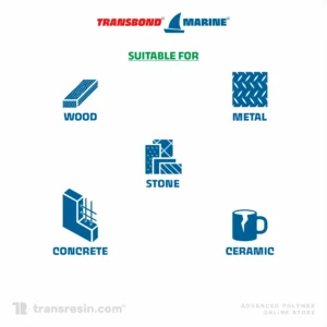 Transbond Marine Multisubstrate Epoxy Adhesive kit, 1kg Resin Part A and 800g Hardener Part B containers. Transbond Marine Multisubstrate Epoxy Adhesive suitable for bonding wood, metal, stone, concrete, and ceramic. Transbond Marine Epoxy Adhesive specs: 60 min setting time, 100:80 mixing ratio, gel viscosity, high bond strength. Transbond Marine Epoxy Adhesive: 30 min pot-life, 100:80 mix ratio, 300 min cure. Pack sizes: 450g, 1.8kg, 9kg. Transbond Marine Epoxy Adhesive demonstrating high-strength metal to stone bonding with thick amber gel. Transbond Marine Epoxy Adhesive used for metal to wood bonding, clamped tightly with amber gel visible. Applying Transbond Marine Epoxy Adhesive with a putty knife for strong wood to wood bonding. Transbond Marine Epoxy Adhesive bonding a ceramic tile to a wood block, showing thick amber gel. Transbond Marine Epoxy Adhesive applied with a putty knife for concrete to stone bonding.